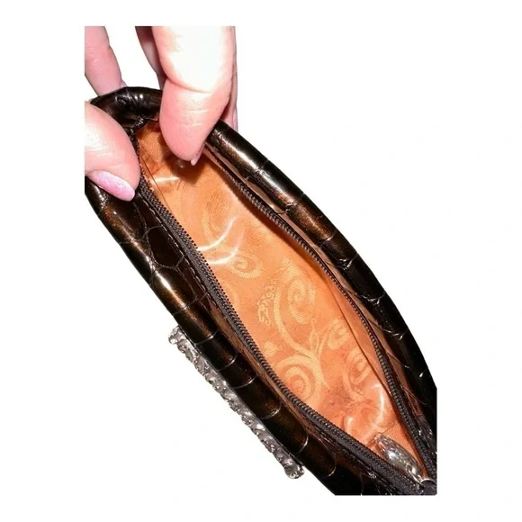 Brighton Cher Brown Croc Embossed Patent Leather Cosmetic Makeup Bag. - Picture 2 of 3